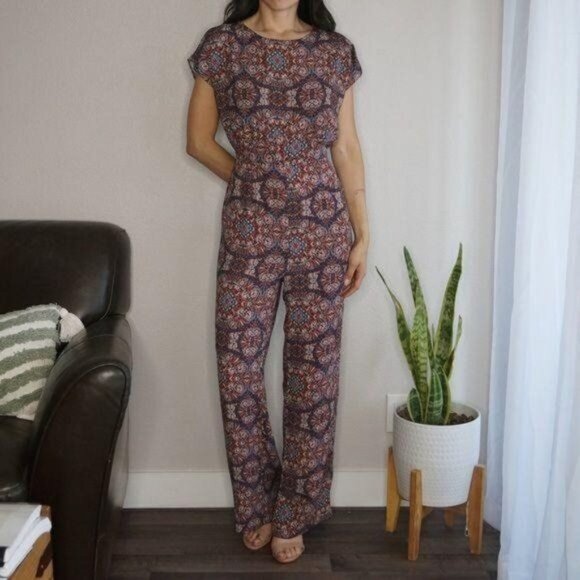 Pants - Multicolor Cap Sleeve Boat Neck Palazzo Jumpsuit Geometric Print Size M